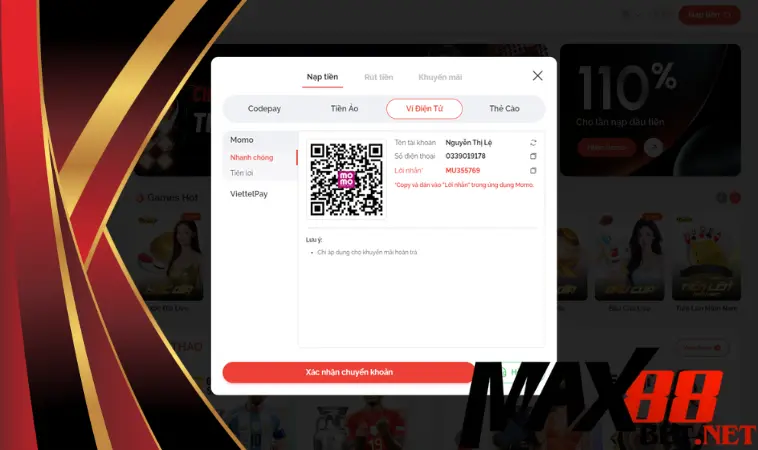 Nạp tiền Max88 bằng ví điện tử bao lâu thành công?