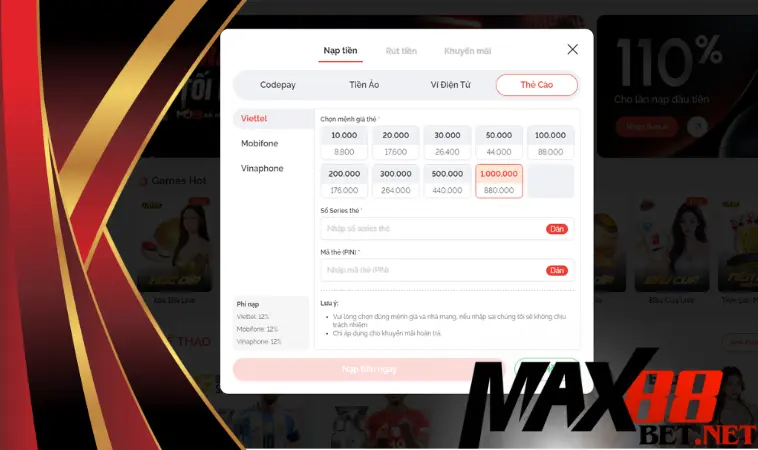 Nạp Max88 qua thẻ cào có mất phí không?